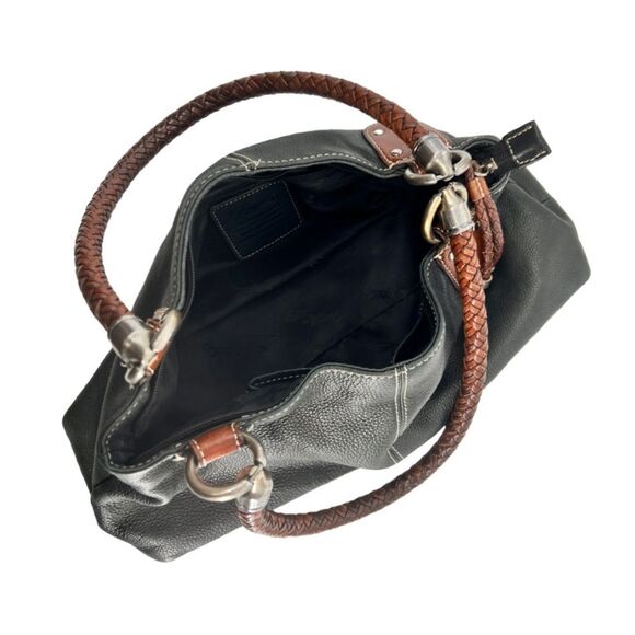 Fossil Black Pebbled Leather Purse with Brown Braided  Handles - Picture 4 of 10